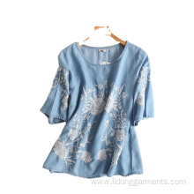 Short Sleeve Ethnic Floral Embroidered Cotton Blouses